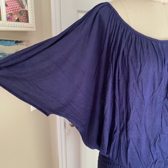 TAMMY MARS Navy stretch Y2K Batwing smocked Shirred Waist Shirt *SMALL* - Picture 2 of 5